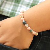 Pink Zebra Jasper and Lava Bead Stretch Bracelet in Silver